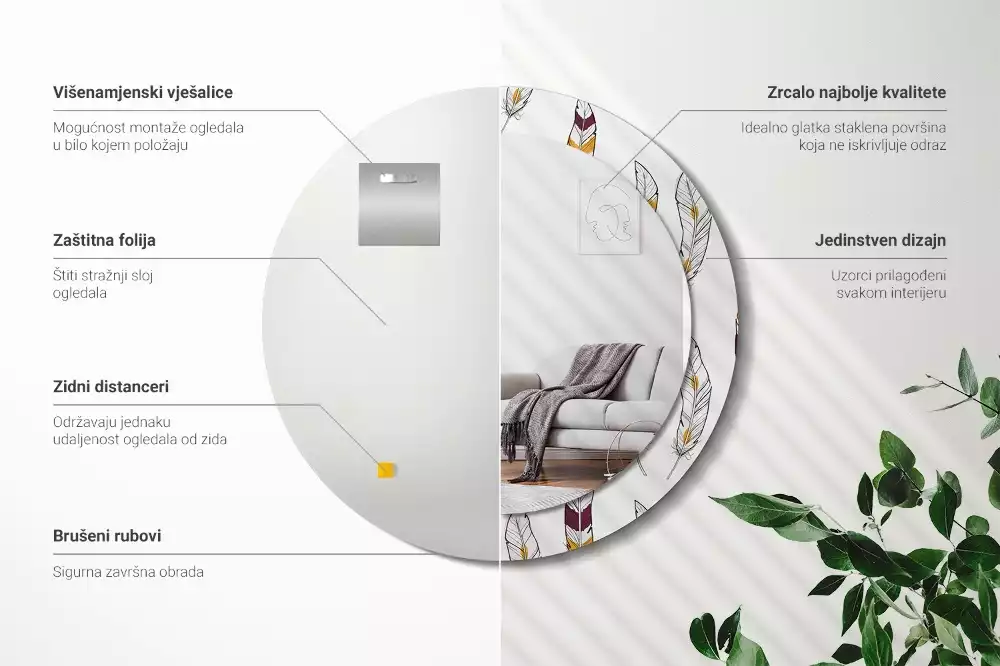 Espelho redondo decorativo penas