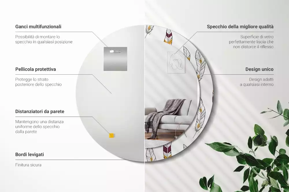 Espelho redondo decorativo penas