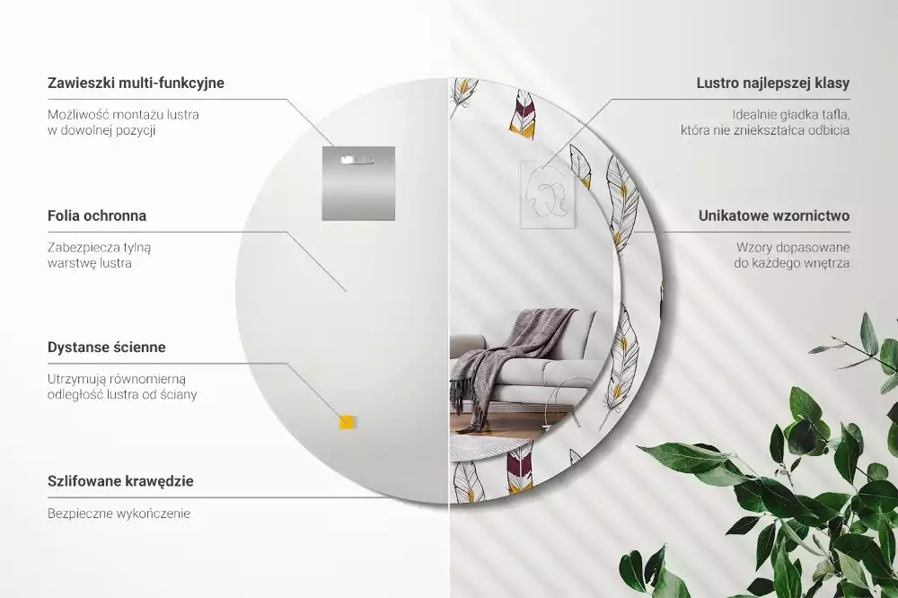 Espelho redondo decorativo penas