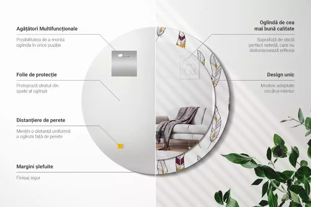 Espelho redondo decorativo penas