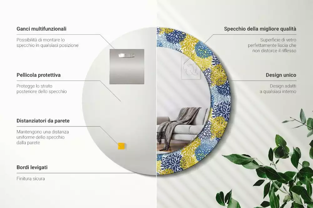 Espelho decorativo Redondo Flores azuis