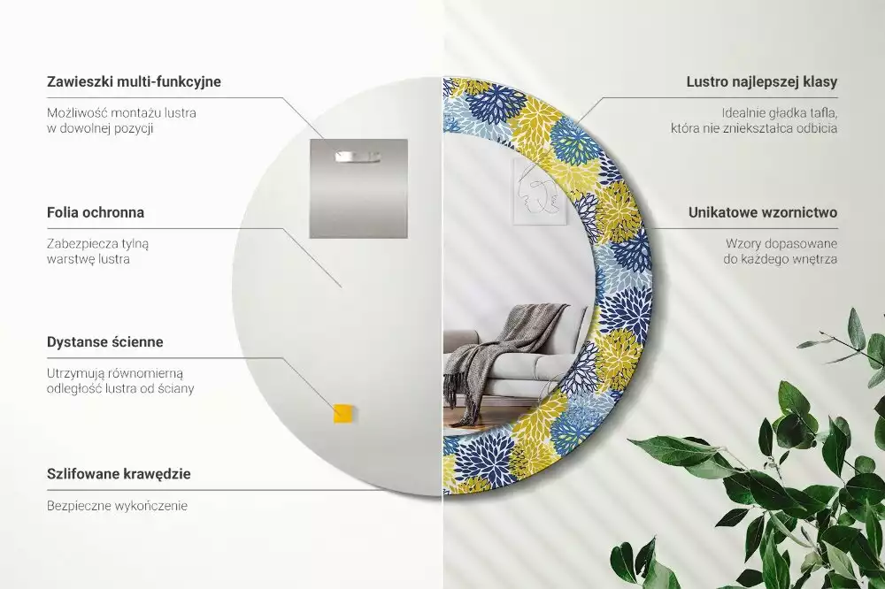 Espelho decorativo Redondo Flores azuis