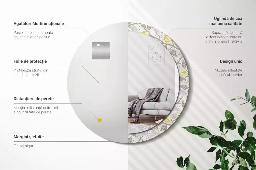 Espelho decorativo redondo Pássaros amarelos nos galhos