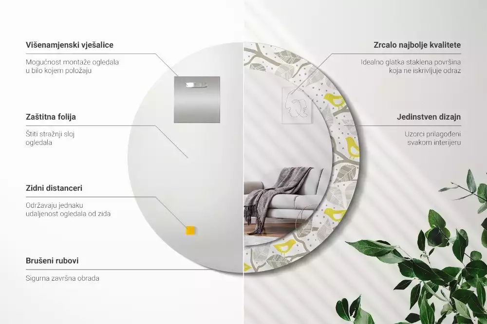 Espelho decorativo redondo Pássaros amarelos nos galhos