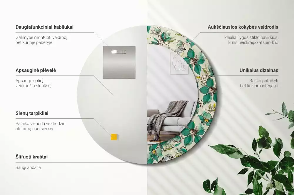 Espelho redondo decorativo Flores e pássaros