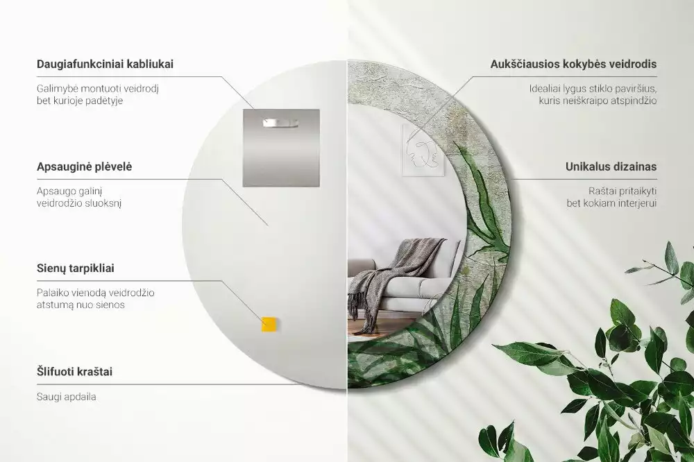 Espelho decorativo redondo Folhas de samambaia