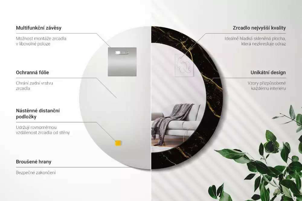 Espelho redondo decorativo Mármore preto