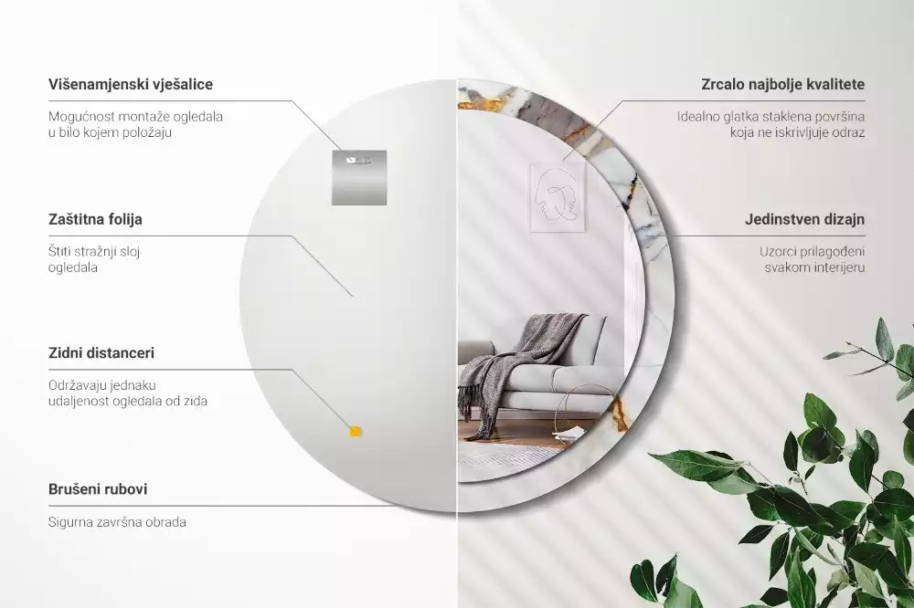 Espelho redondo decorativo Mármore branco