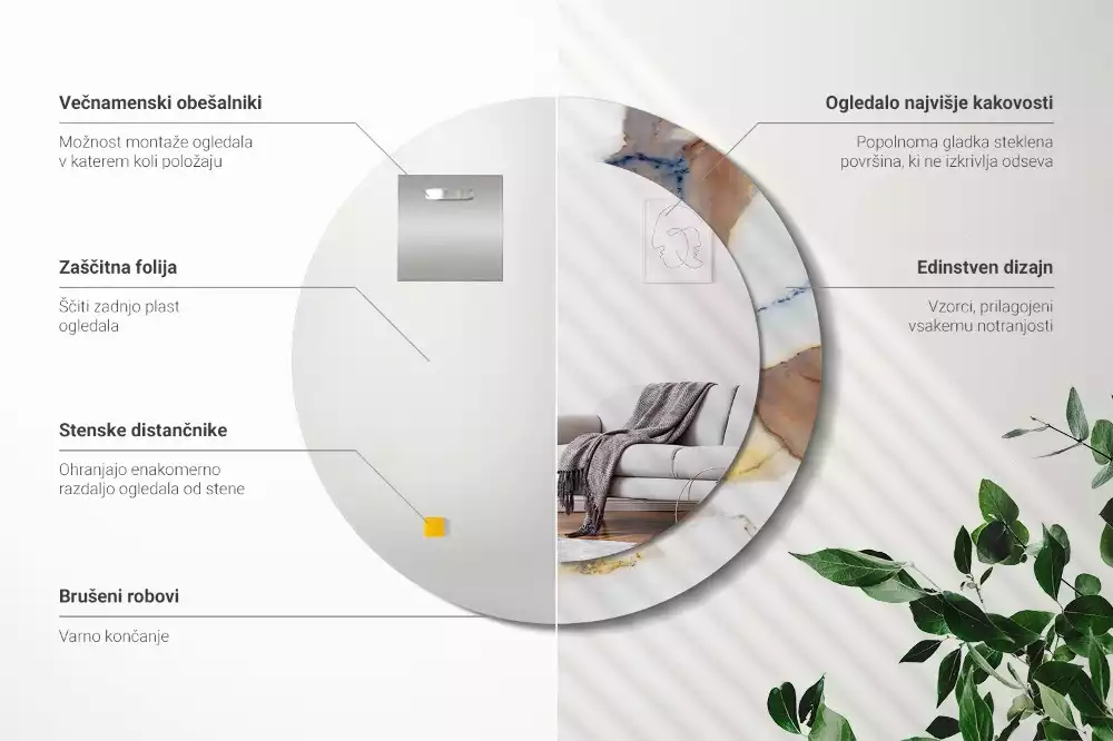 Espelho redondo decorativo Mármore branco