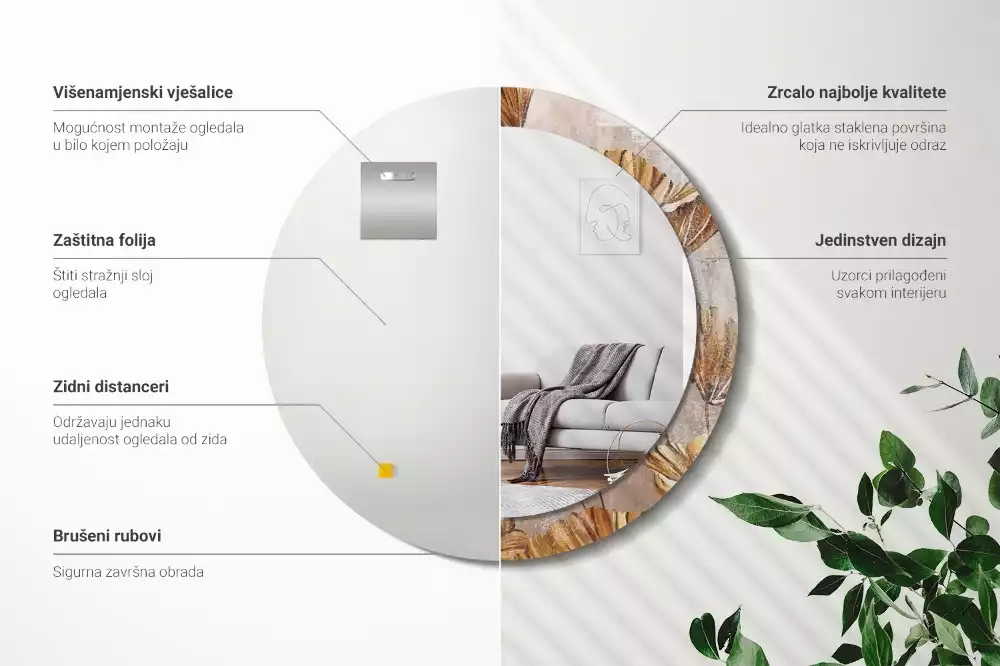 Espelho redondo decorativo Folhas Boho