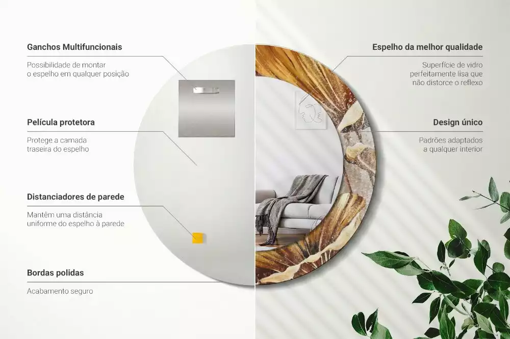 Espelho redondo decorativo Folhas Boho