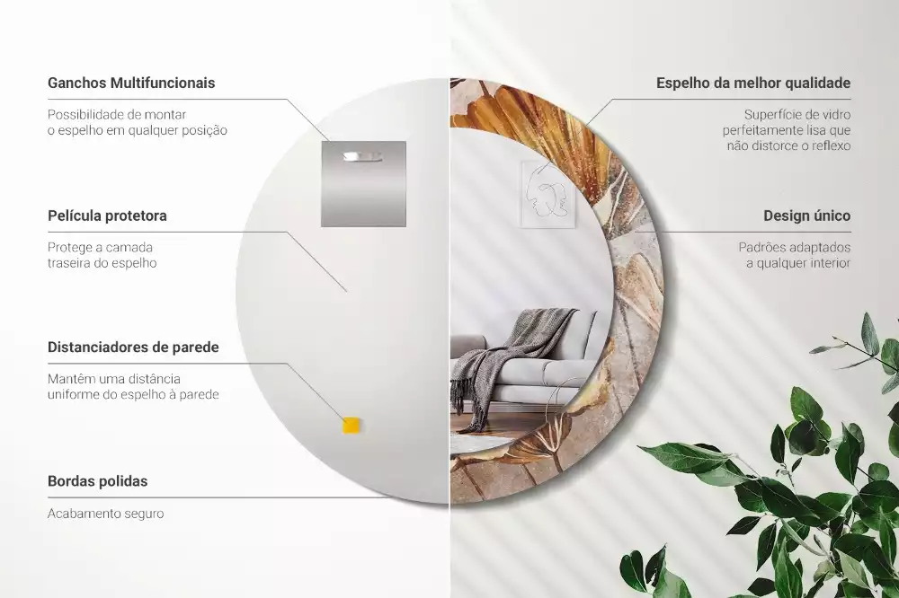 Espelho redondo decorativo Folhas Boho