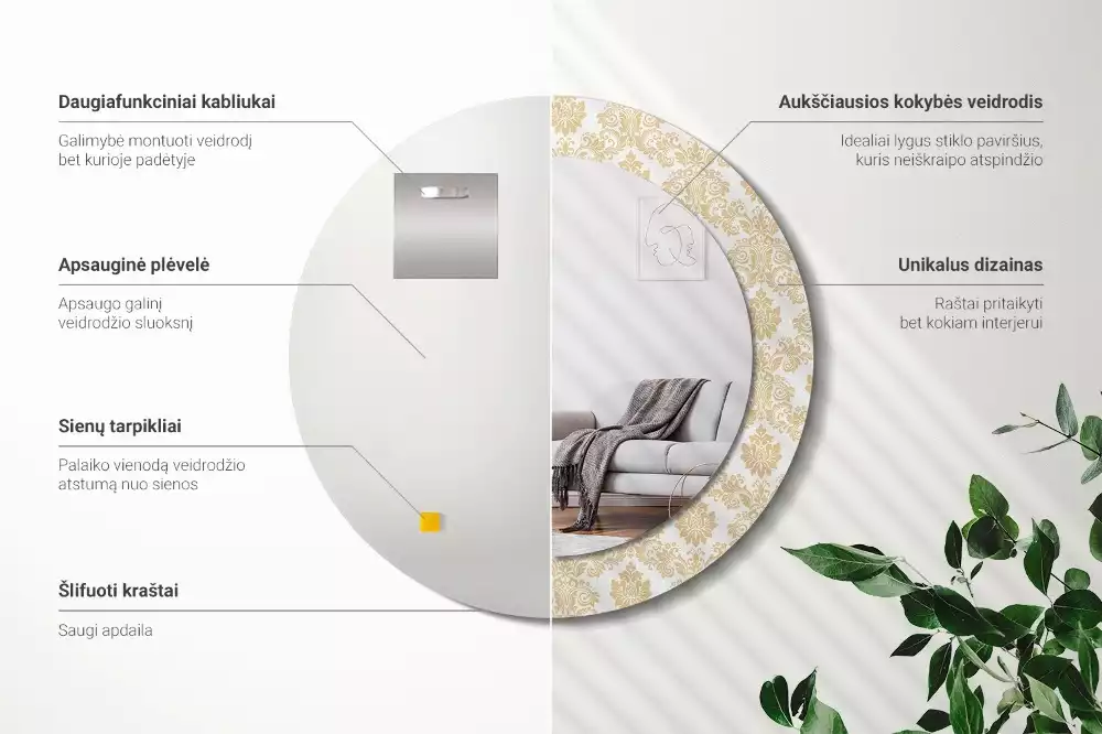 Espelho redondo decorativo Padrão barroco