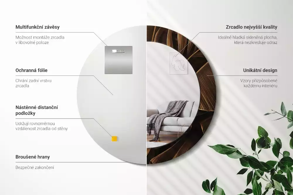 Espelho decorativo redondo Folhas de bananeira marrons