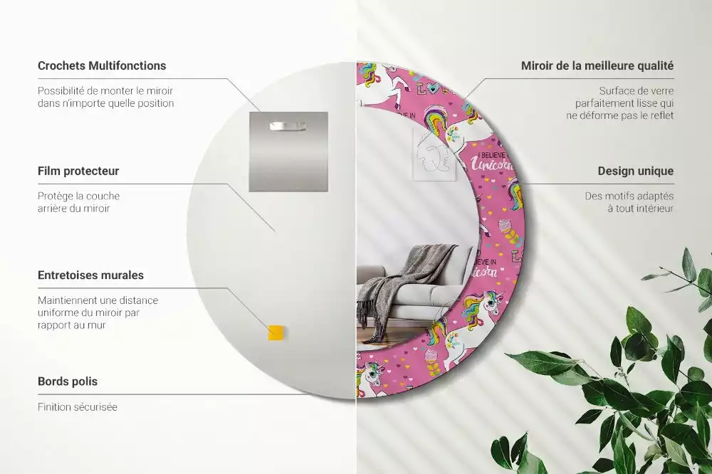 Espelho redondo decorativo unicórnio mágico