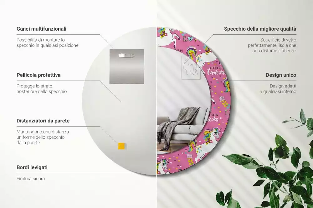 Espelho redondo decorativo unicórnio mágico
