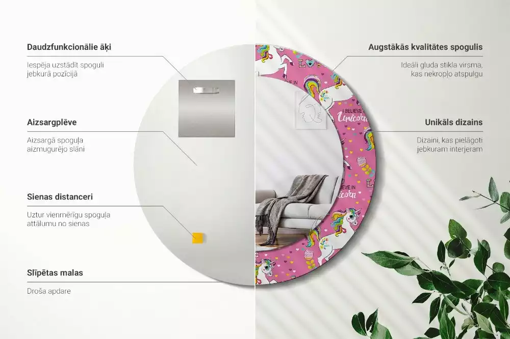 Espelho redondo decorativo unicórnio mágico