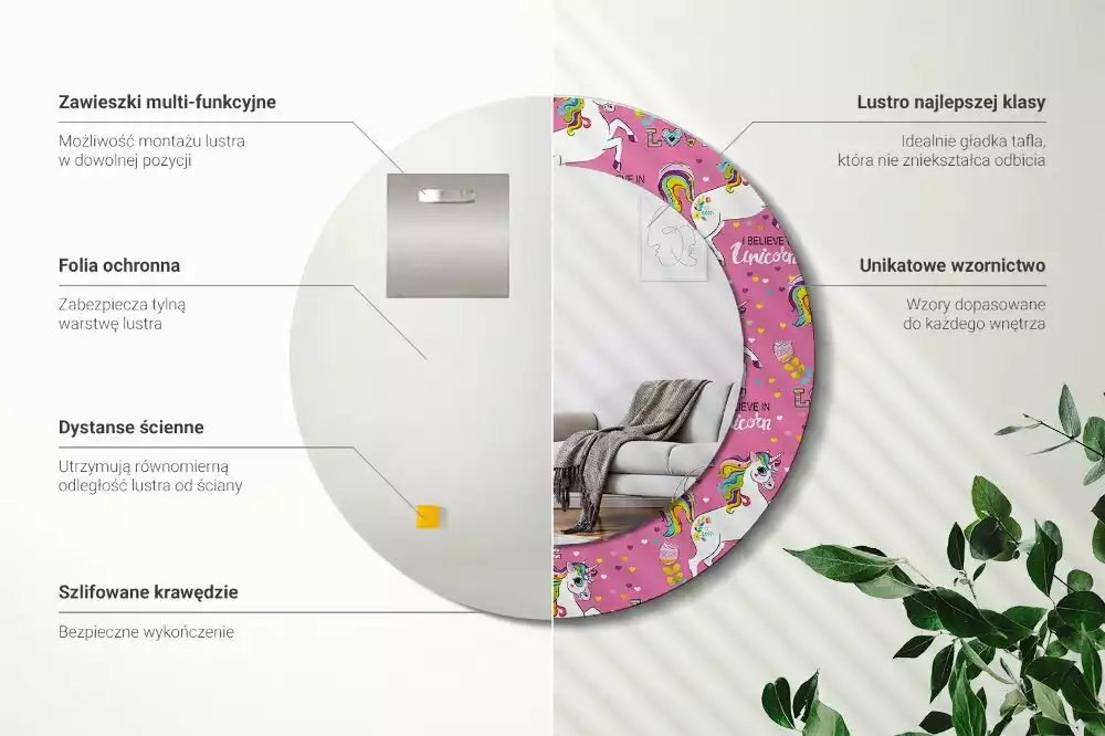 Espelho redondo decorativo unicórnio mágico