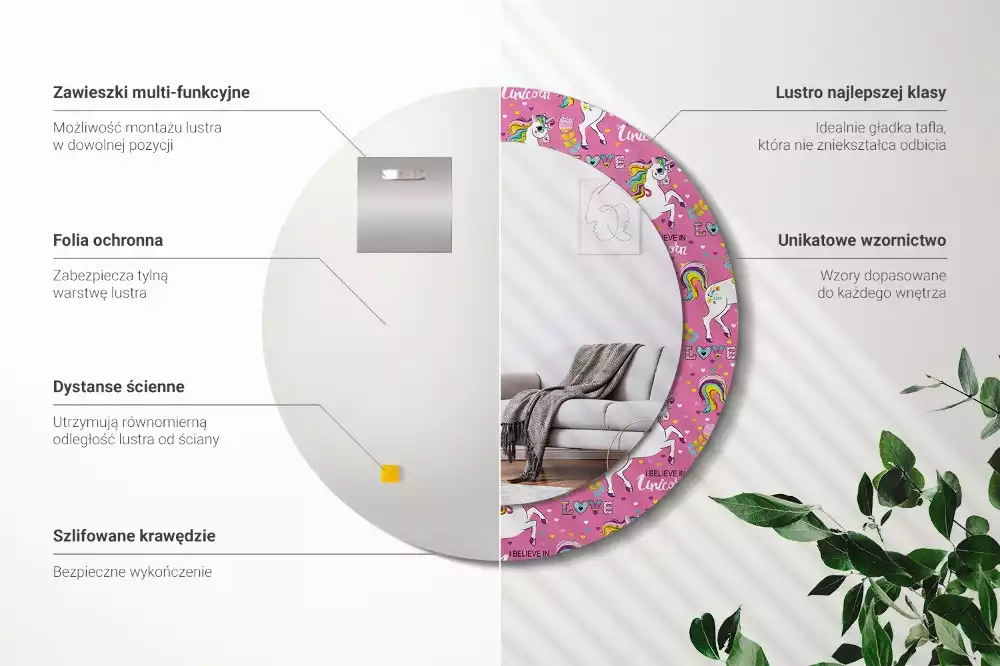 Espelho redondo decorativo unicórnio mágico