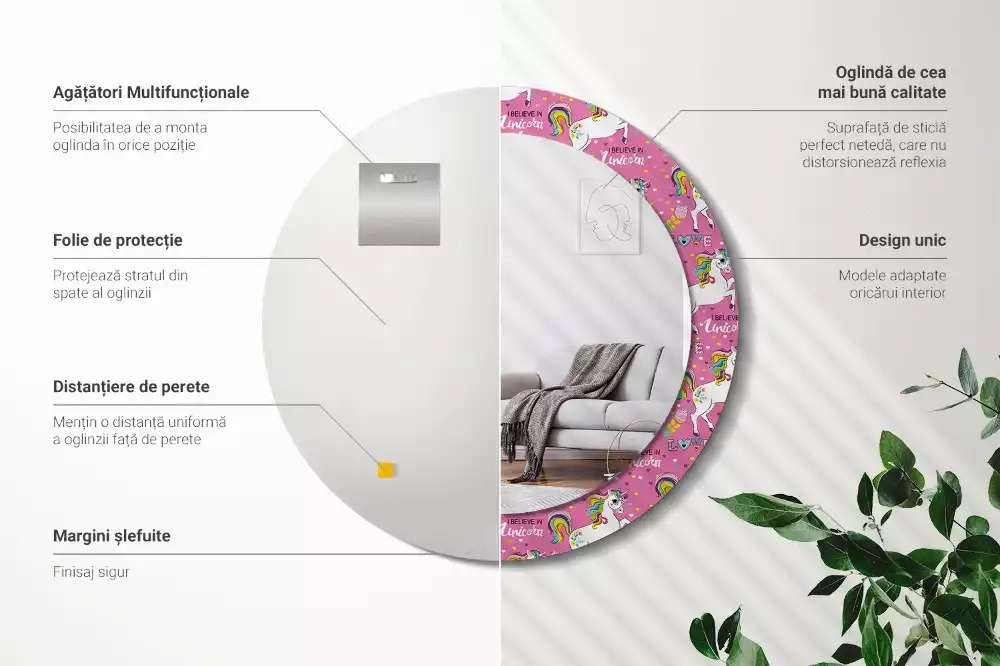 Espelho redondo decorativo unicórnio mágico