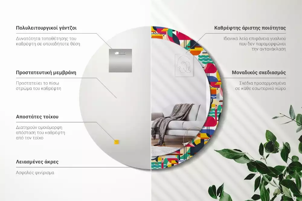 Espelho redondo decorativo Pássaros tropicais geométricos