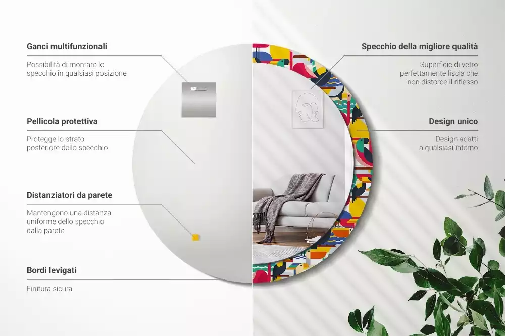 Espelho redondo decorativo Pássaros tropicais geométricos