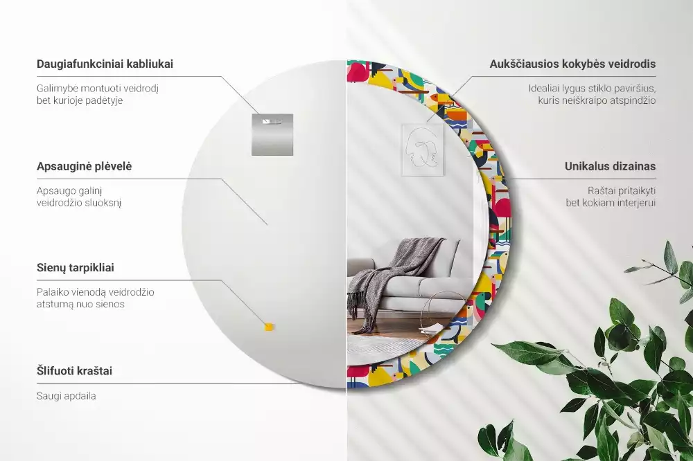 Espelho redondo decorativo Pássaros tropicais geométricos