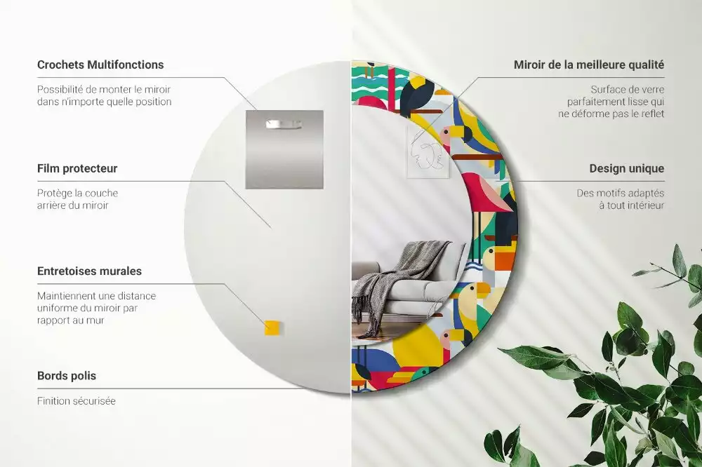 Espelho redondo decorativo Pássaros tropicais geométricos