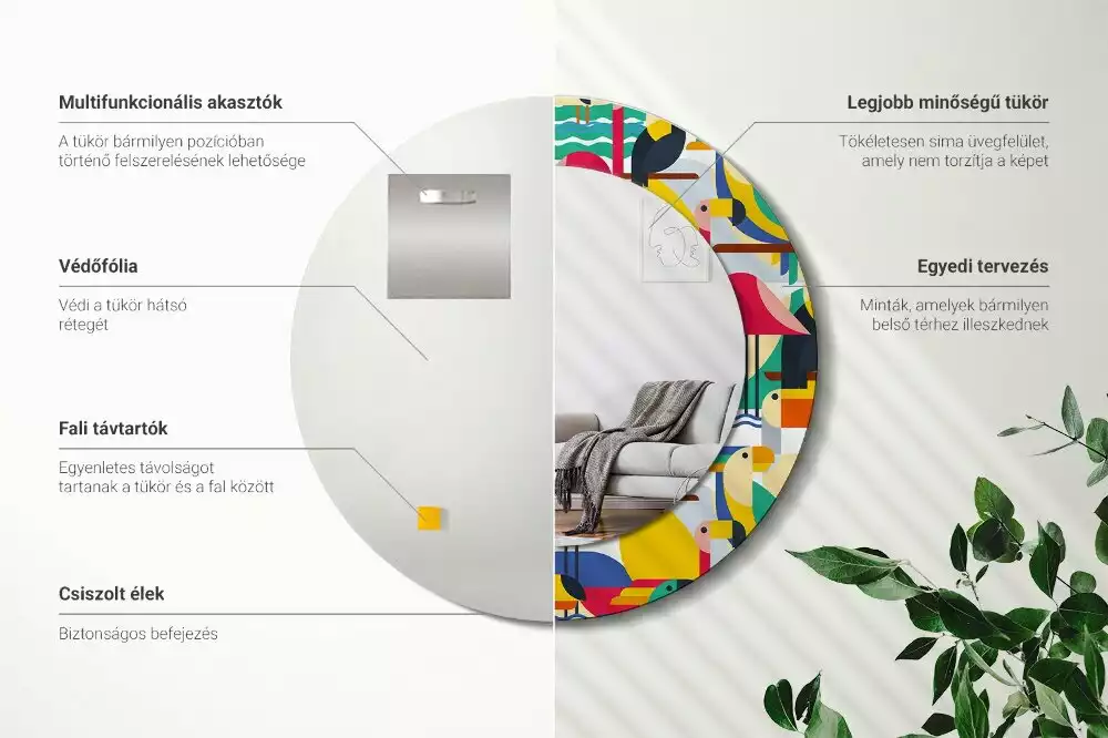 Espelho redondo decorativo Pássaros tropicais geométricos