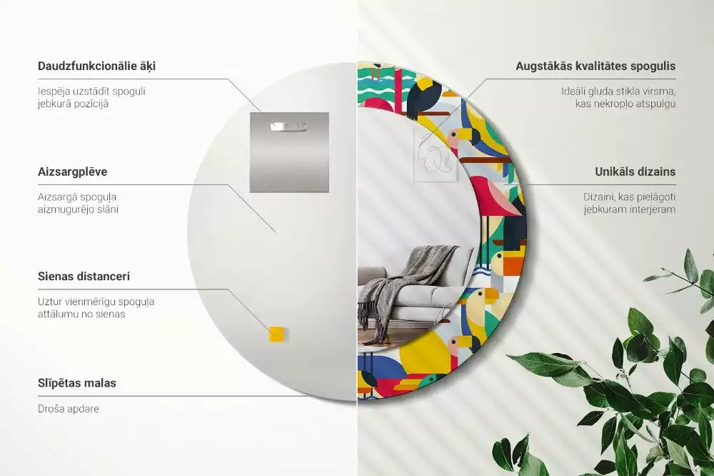 Espelho redondo decorativo Pássaros tropicais geométricos