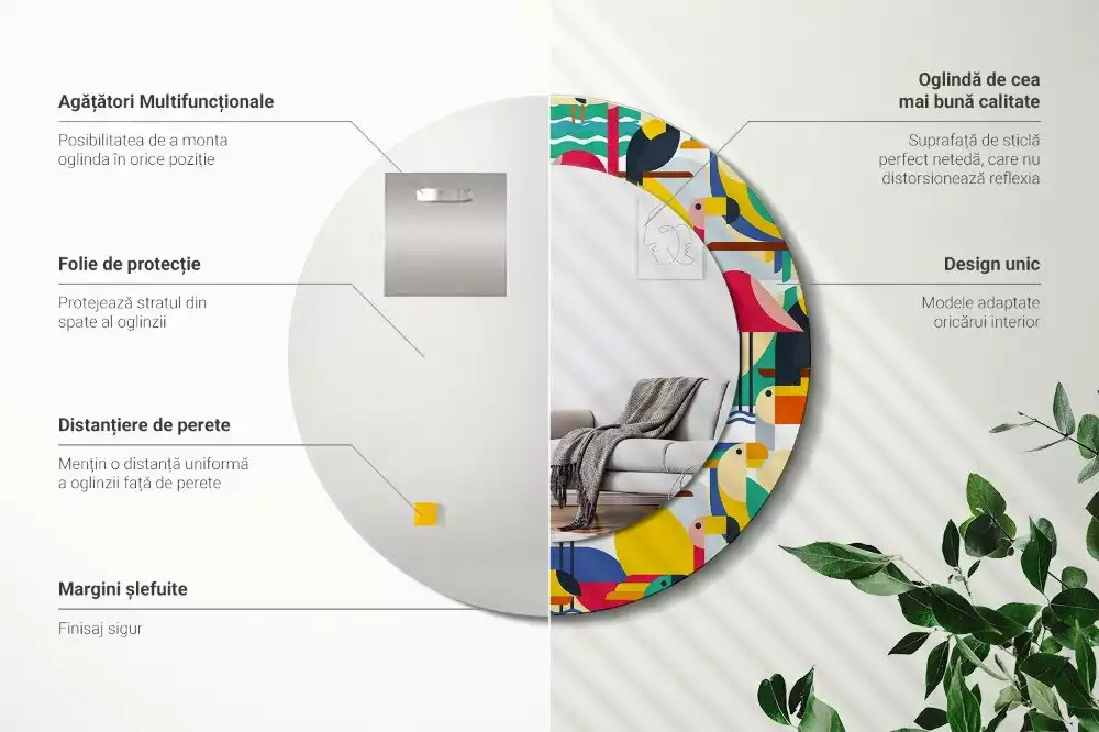 Espelho redondo decorativo Pássaros tropicais geométricos