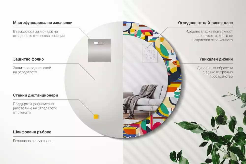 Espelho redondo decorativo Pássaros tropicais geométricos