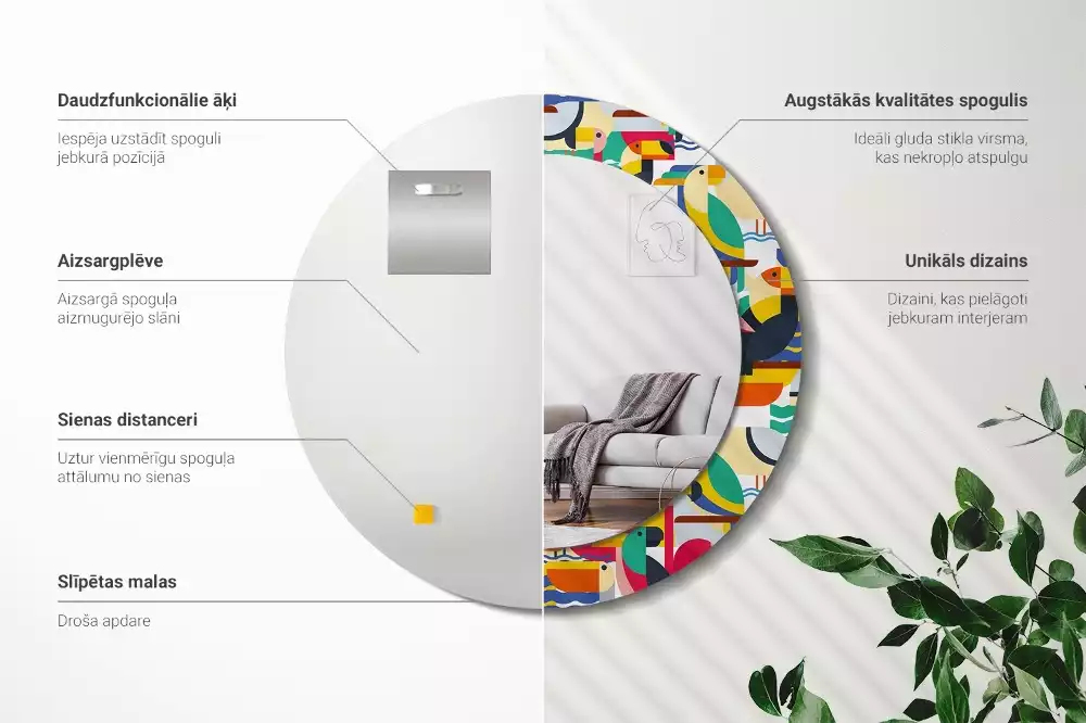 Espelho redondo decorativo Pássaros tropicais geométricos