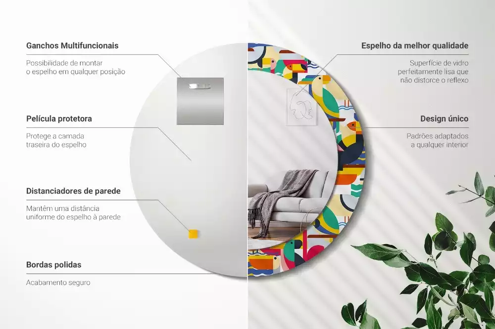 Espelho redondo decorativo Pássaros tropicais geométricos