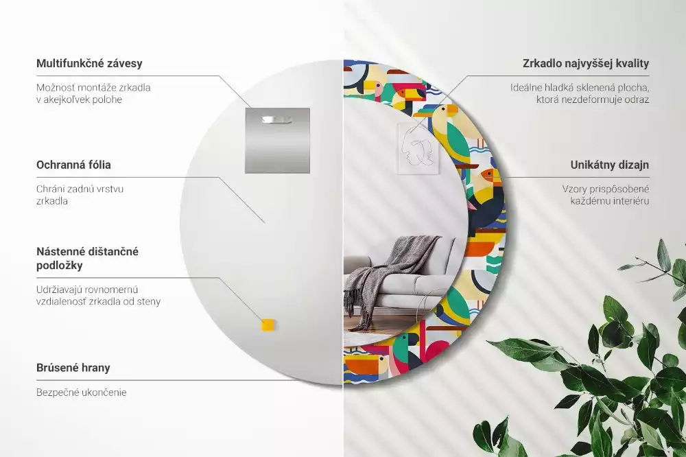 Espelho redondo decorativo Pássaros tropicais geométricos