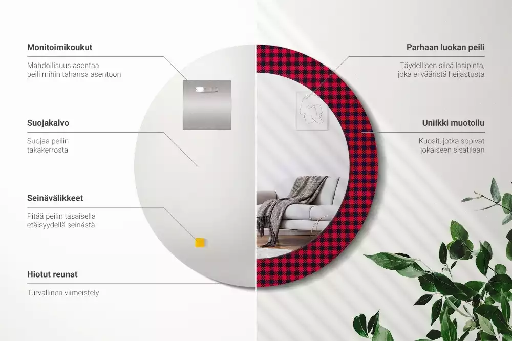 Espelho redondo decorativo xadrez vermelho