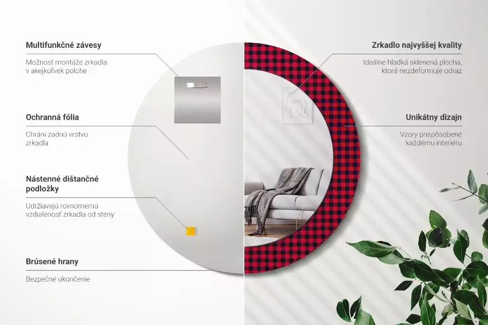 Espelho redondo decorativo xadrez vermelho