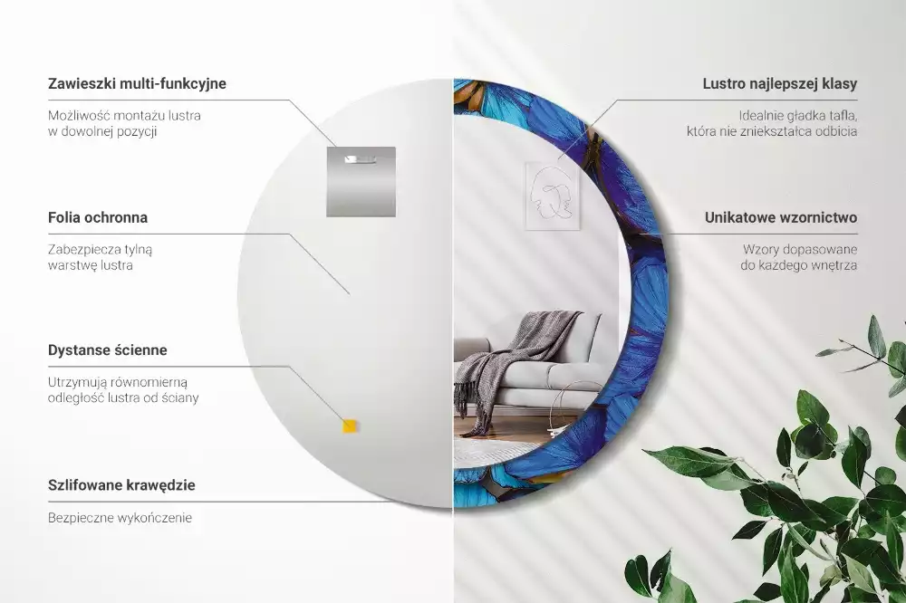 Espelho decorativo redondo Borboleta azul e verde