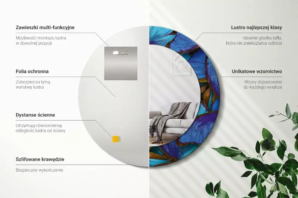 Espelho decorativo redondo Borboleta azul e verde