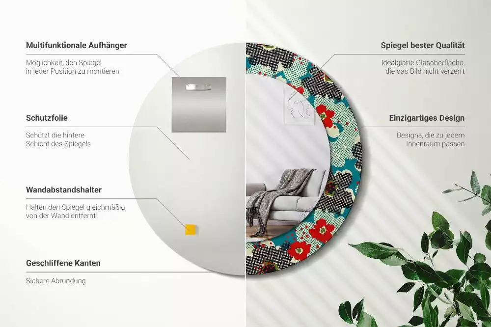 Espelho decorativo redondo Padrão de flores retrô