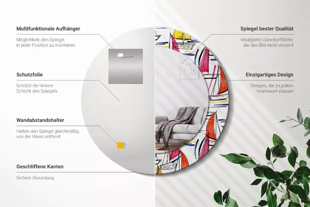 Espelho redondo decorativo Barcos coloridos