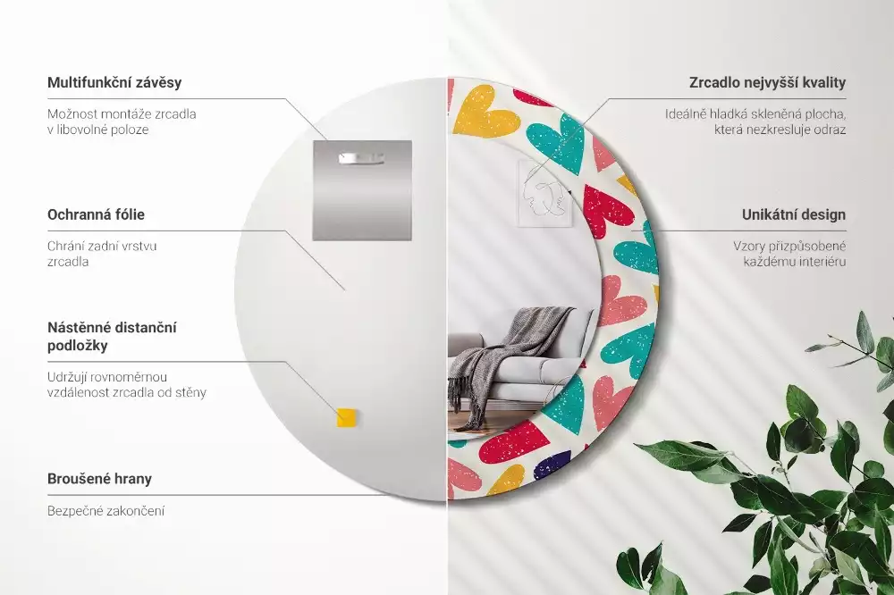 Espelho redondo decorativo Corações coloridos