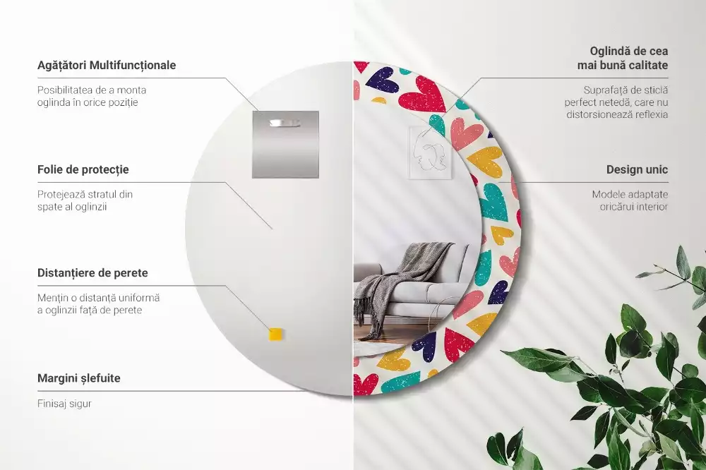 Espelho redondo decorativo Corações coloridos