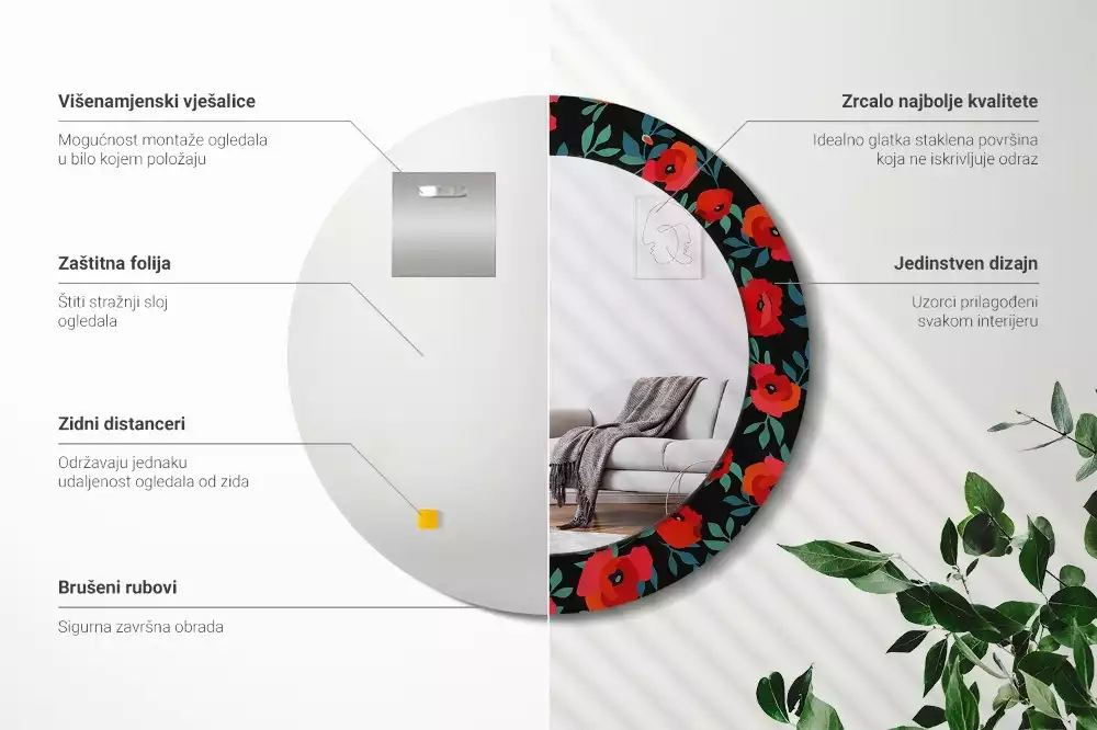 Espelho redondo decorativo Papoula vermelha