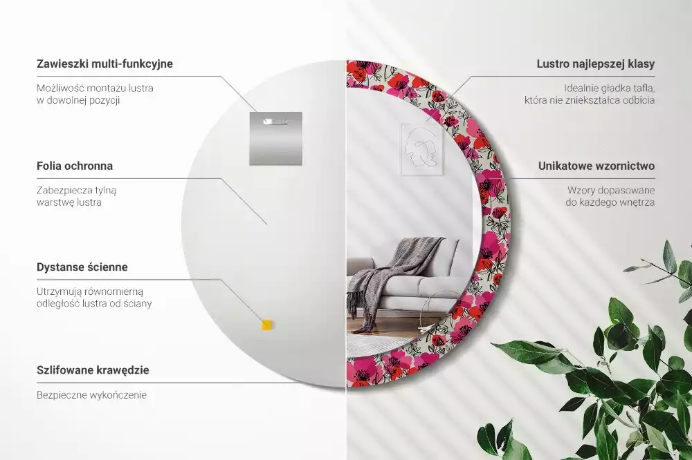 Espelho decorativo redondo papoulas cor de rosa