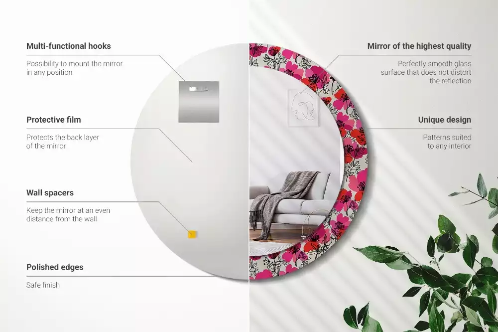 Espelho decorativo redondo papoulas cor de rosa