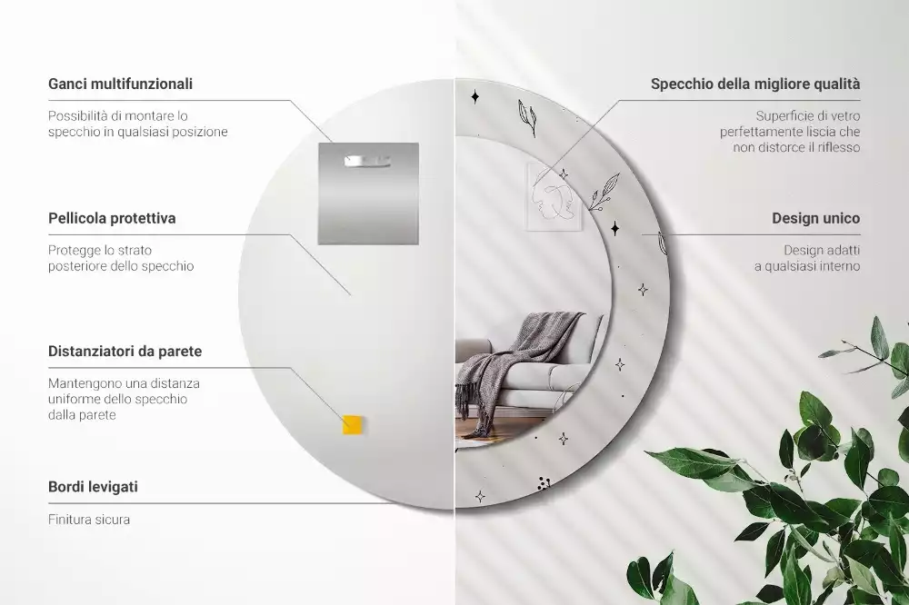 Espelho decorativo redondo Plantas rabiscadas