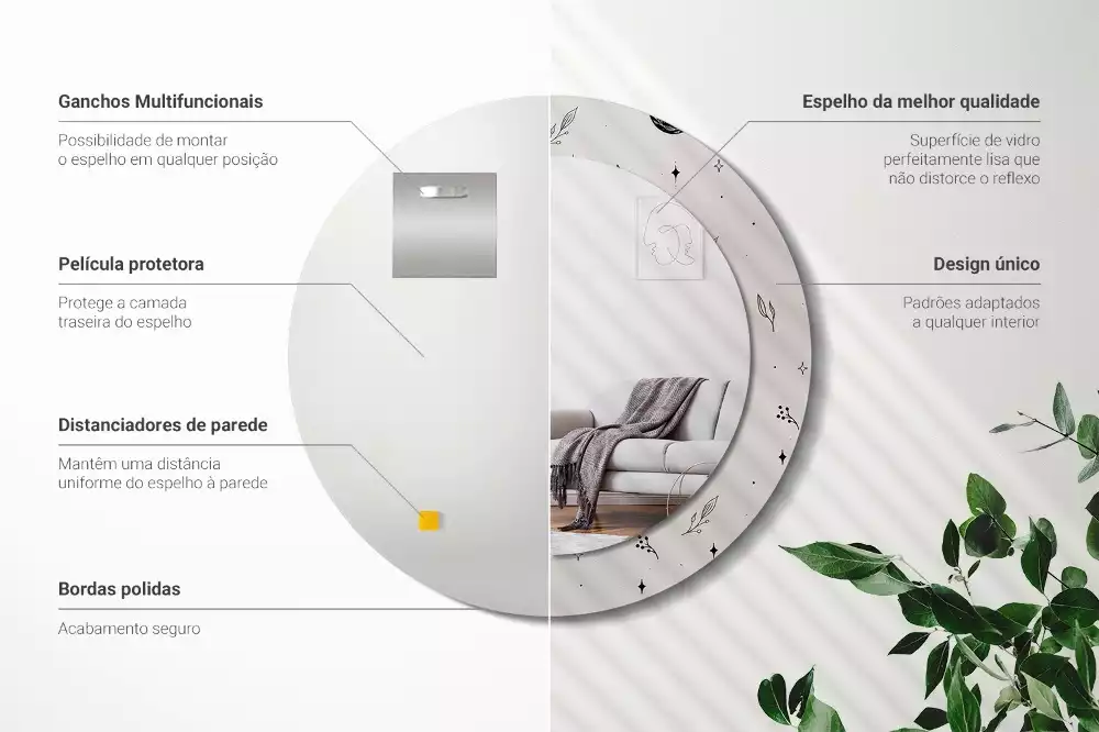 Espelho decorativo redondo Plantas rabiscadas