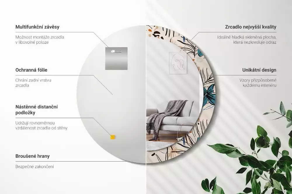 Espelho decorativo redondo Flores com padrão de selva