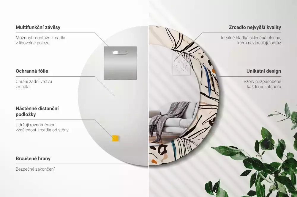 Espelho decorativo redondo Flores com padrão de selva